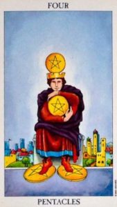 The Four of Pentacles Tarot Card upright